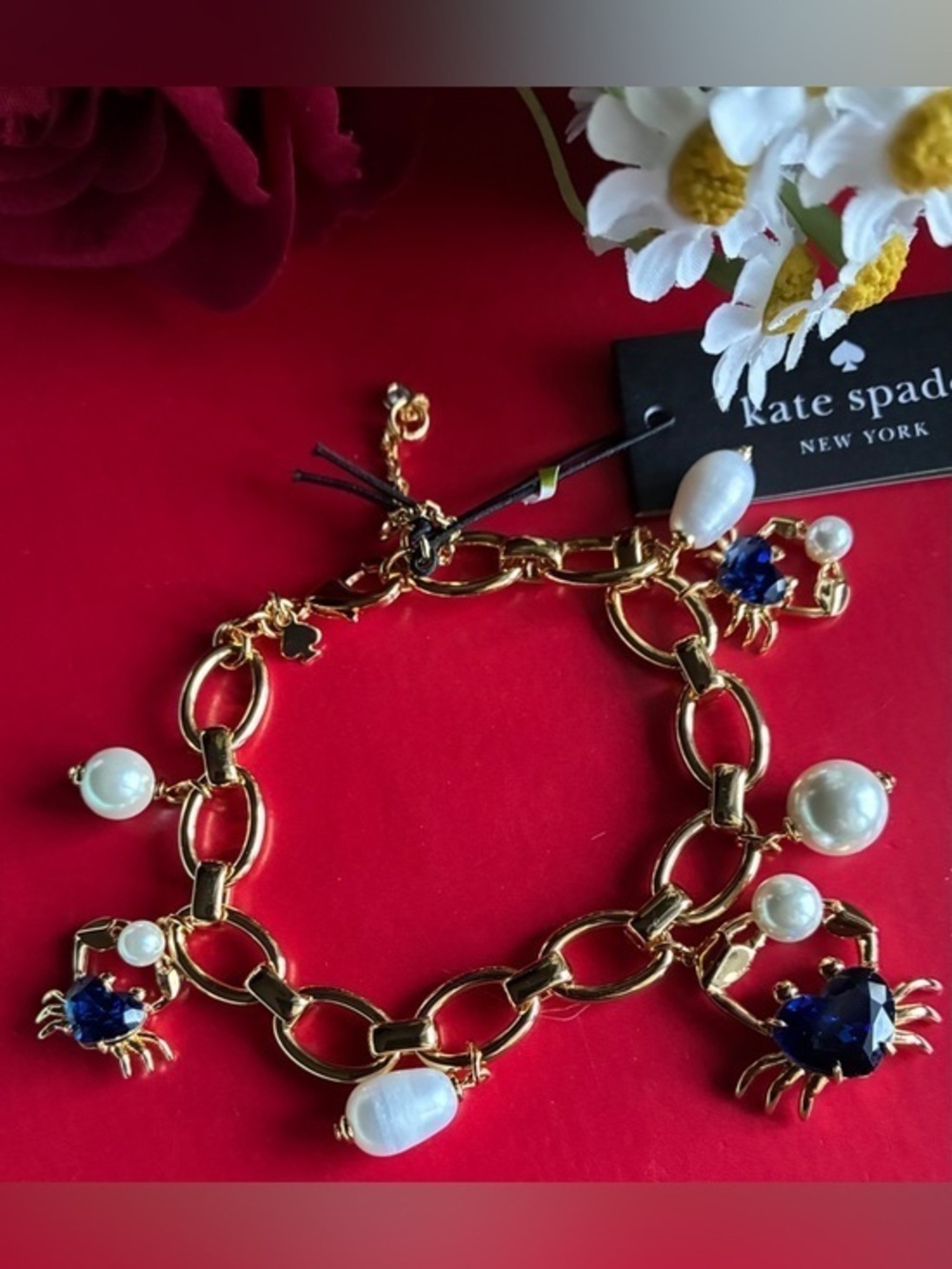 kate spade Gold Chain Bracelet with Blue Crystal Crab Charms and Pearls